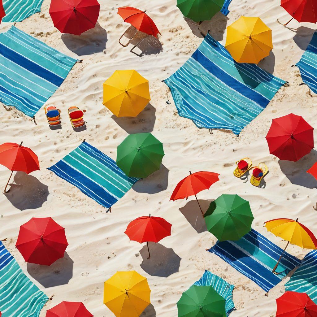 Create an image of a sunny beach scene featuring various colorful swimwear laid out on a vibrant beach towel. Include half-sunk beach umbrellas and a playful dog jumping in the waves. Add a subtle overlay of a shield or umbrella symbol to represent insurance, embodying protection for the swimwear. The atmosphere should be joyful and relaxing, inviting viewers to imagine fun beach days. super-realistic. vibrant colors. white background.