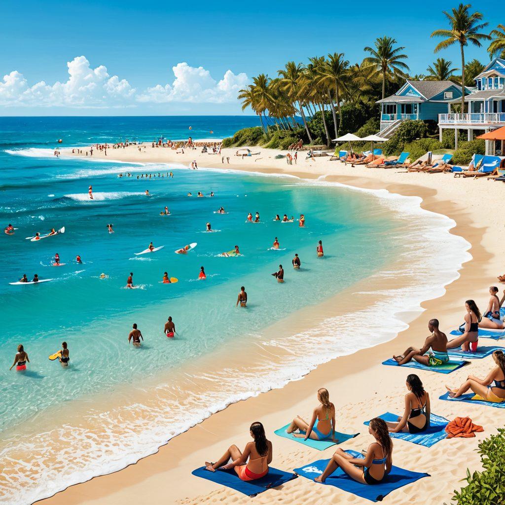 A vibrant beach scene featuring a diverse group of people enjoying water activities in stylish swimwear. In the foreground, a detailed infographic displaying swimwear types categorized by safety features, and a subtle overlay of insurance symbols representing liability coverage. The background shows gentle waves and clear skies for a cheerful atmosphere, inviting interest while emphasizing safety and style. super-realistic. vibrant colors. beach setting.